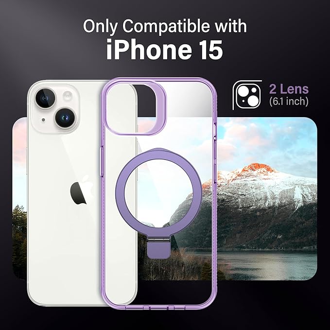Magnetic Case for iPhone 15 - [Built-in Invisible Stand] [Compatible with MagSafe] [Military Grade Drop Protection] Anti-Yellowing Hard Back Silicone Edge Cover, 6.1", Clear Purple