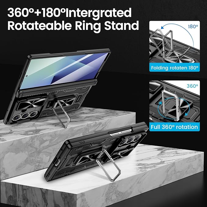 VEGO for Galaxy Z Fold 7 Case with Belt Clip Holster, 360°Ring Magnetic Kickstand & Camera Cover & Front Screen Protector & Hinge Protection Shockproof Armor Case for Samsung Z Fold 7 - Black