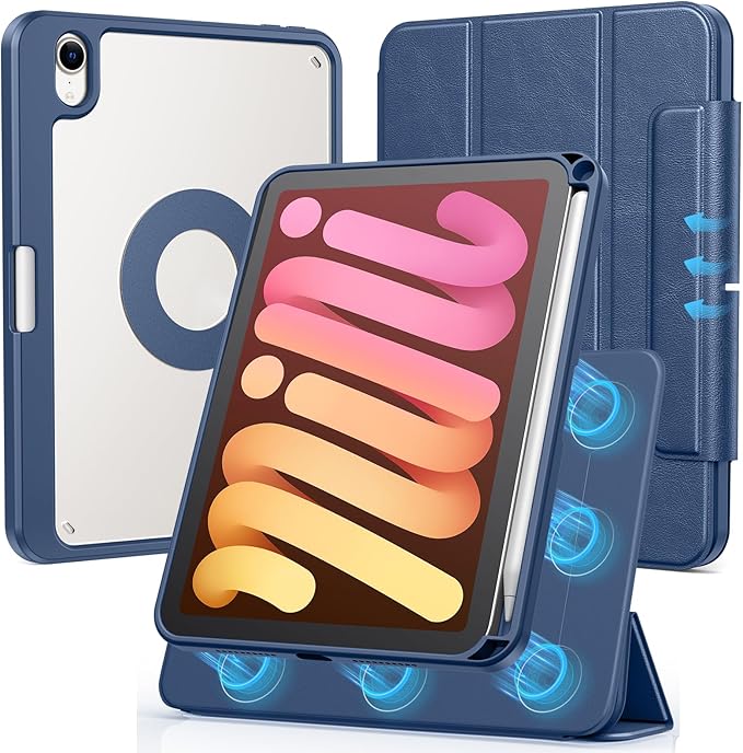 SPARIN Case for iPad mini 7 A17 Pro 2024/iPad Mini 6 2021 8.3 Inch, Detachable Magnetic Cover, Portrait/Landscape Stand with Pencil Holder, Support Auto Wake/Sleep (Navy Blue)