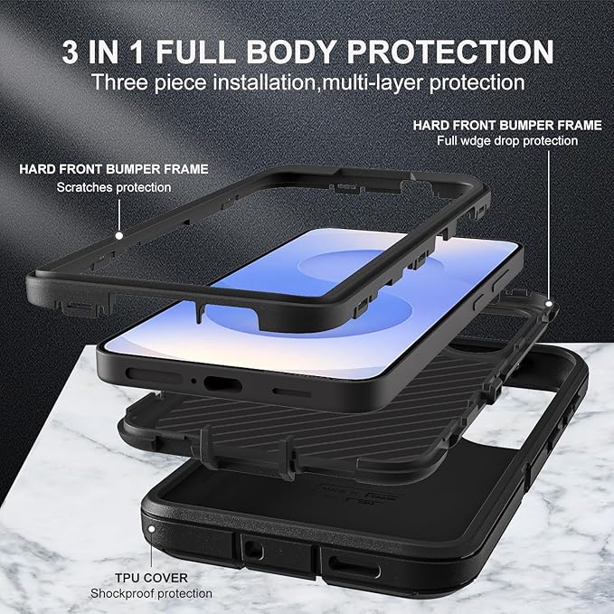 for Samsung Galaxy S25 Case, ONLY, [NOT FIT Galaxy S25 Edge/S25 Plus/S25 Ultra], Compatible with Magsafe, with 2Pcs Tempered Glass Screen Protector & Camera Lens Protector (New-Black/Black)