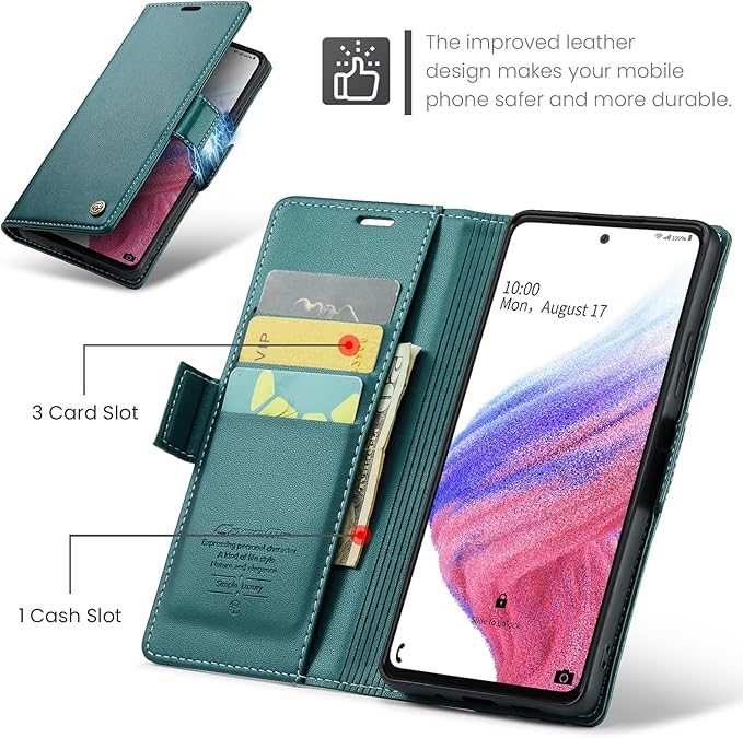 for Samsung Galaxy A53 5G Case, Premium PU Leather Wallet Case Flip Cover with [RFID Blocking][Card Holder][Stand Function] Shockproof Protective for Samsung Galaxy A53, Blue-Green