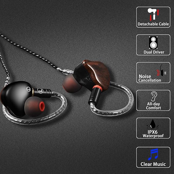 in Ear Monitor Headphones, HiFi Stereo IEM Earphones, Dynamic Dual Driver Wired Earbuds with Detachable Cable, Noise Canceling Headset for Singers Musicians Drummers Audiophile (Wood Grain)