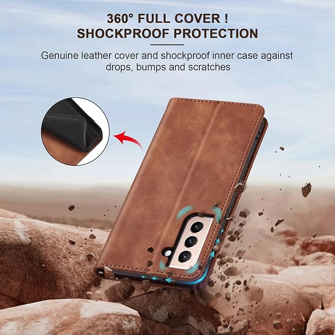 Jasonyu Wallet Case for Samsung S21 Plus, PU Leather Cover with Stand, Magnetic Folio Flip, TPU Shockproof Interior Case and Card Holder Slots, Brown