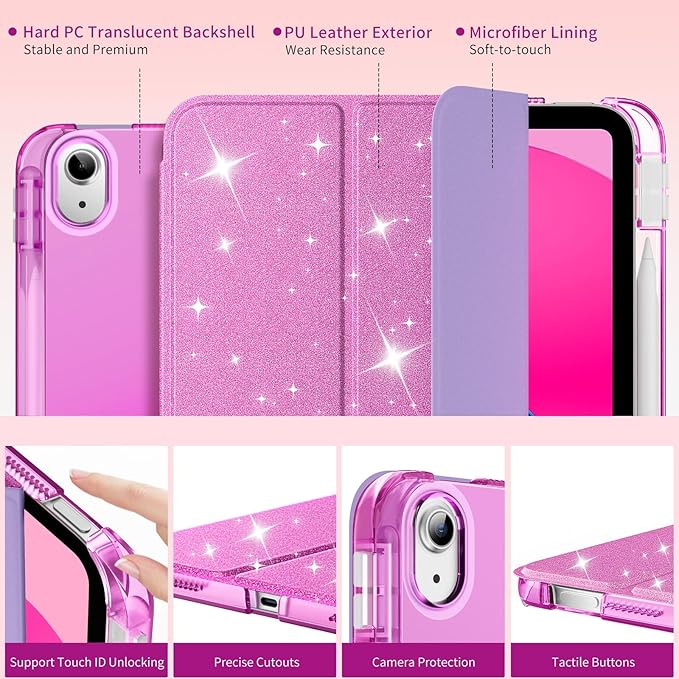 MoKo for iPad (A16) 11th Generation Case 11 Inch 2025, iPad 10th Gen Case 10.9 Inch 2022 with Pencil Holder, Slim Light Trifold Protective Cover with Hard PC Translucent Back Shell, Glitter Purple