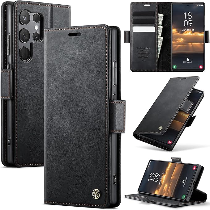 Wallet Case for Samsung Galaxy S23 Ultra Leather Wallet Flip Cover with Card Holder, Kickstand, Magnetic Closure, RFID Blocking TPU Shockproof Phone Case Compatible with S23 Ultra, Black