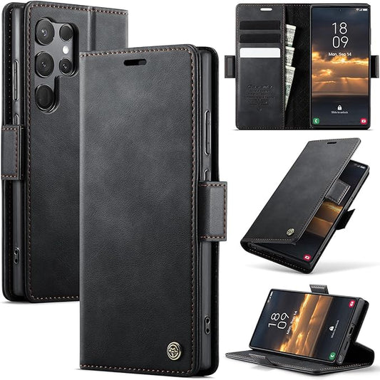 Wallet Case for Samsung Galaxy S23 Ultra Leather Wallet Flip Cover with Card Holder, Kickstand, Magnetic Closure, RFID Blocking TPU Shockproof Phone Case Compatible with S23 Ultra, Black