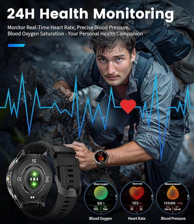 Military Smart Watches for Men ,530mAh Large Battery,1.43"AMOLED Heart Rate/SpO2/Sleep Monitor 5ATM Waterproof Smartwatch for Android iOS (Answer/Make Calls),Fitness Tracker with LED Flashlight