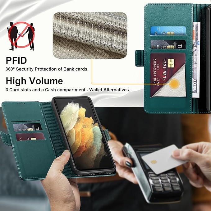 Wallet Flip Case for Samsung Galaxy S21 Ultra 5G - [RFID Blocking] Luxury PU Leather Card Holder Magnetic Phone Cover with Kickstand,Shockproof Protective Case,Green