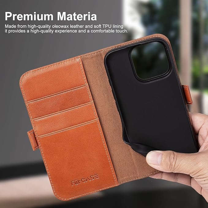 Case for iPhone 16 Pro Max 5G 2024-Genuine Leather Folio Wallet Magnetic Kickstand RFID Blocking Card Slots Shock-Absorbent Phone Cover Compatible with iPhone 16 Pro Max 6.9" (Brown)