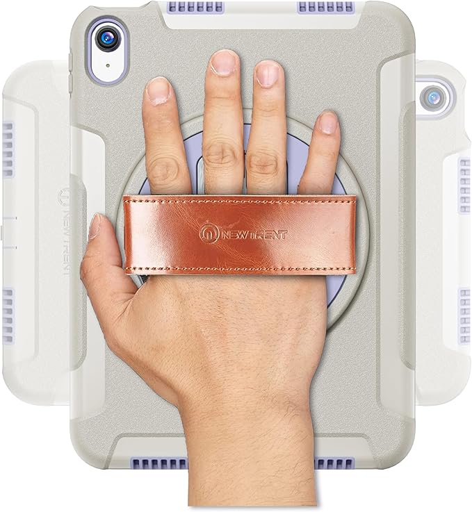 Original Rugged iPad Case for iPad 11 (A16) 11-inch (2025) & iPad 10th Gen 10.9-inch (2022) | 360° Rotating Kickstand, Genuine Leather Hand Strap, Built-in Screen Protector (Purple Grey)