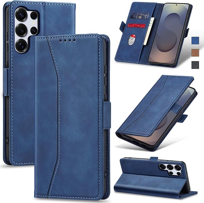 Jasonyu Flip Wallet Case for Samsung Galaxy S25 Ultra 5G,Leather Magnetic Folio Cover with Card Holder,Kickstand - TPU Shockproof Durable Protective Phone Case,Blue