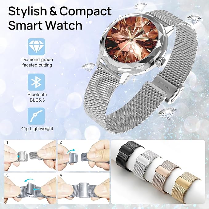 1.57'' Smart Watch for Women with Heart Rate/SpO2/Female Cycle Tracker, Silver Smartwatch Answer/Make Calls, IP67 Fitness Tracker with 123 Sports Modes, 2 Bands, iOS Android Compatible