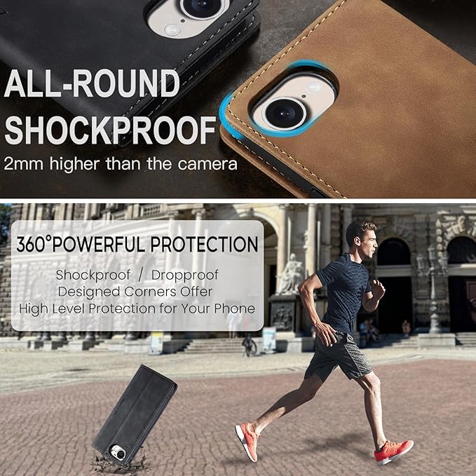 QLTYPRI Case for iPhone 16e, Vintage PU Leather Wallet Case Card Slot Kickstand Magnetic Closure Shockproof Flip Folio Cover for iPhone 16e - Black