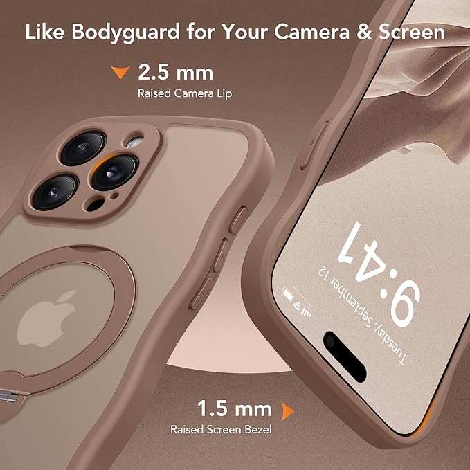 GolbinBox for iPhone 15 Pro Max Case,[Compatible with Magsafe][360°Magnetic Stand][Cute Wave Edge][18ft Military-Grade Protection] Translucent Matte Women Phone Cover for iPhone 15 Promax,Brown
