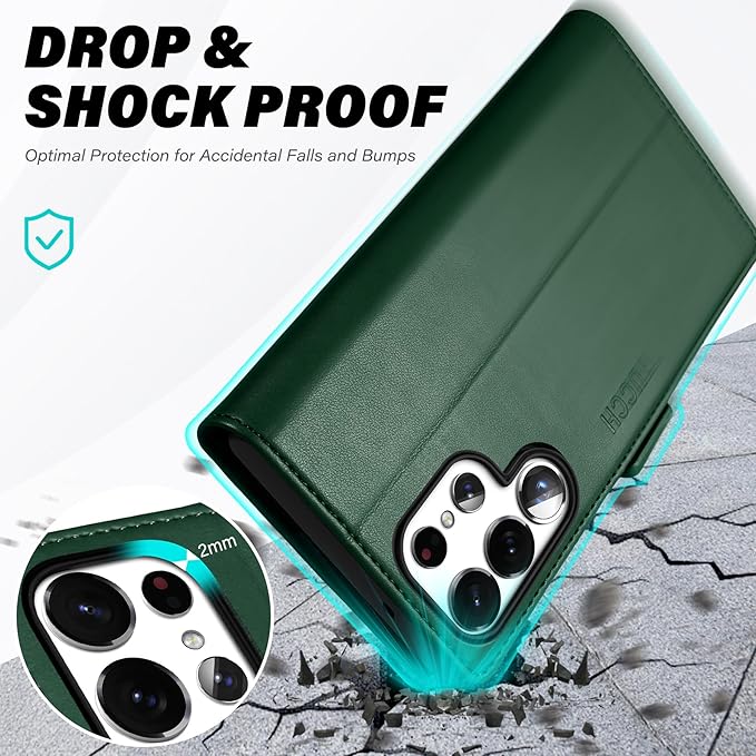 TUCCH Wallet Case for Galaxy S25 Ultra 5G, Magnetic PU Leather Stand [RFID Blocking] Card Slot Protective Folio Flip Cover with TPU Shockproof Interior Case Compatible with Galaxy S25 Ultra, Evergreen