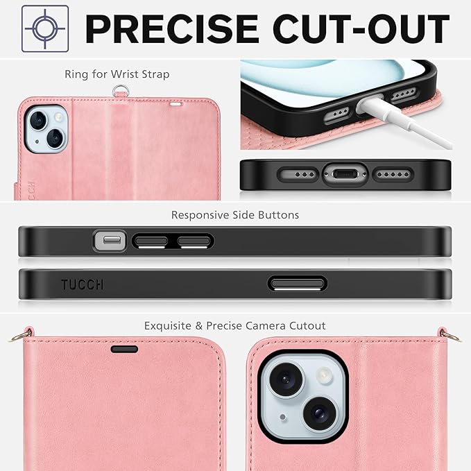 TUCCH Wallet Case for iPhone 15 6.1" 5G, [Wrist Strap] Kickstand RFID Blocking 4 Card Slots Magnetic Closure, PU Leather Shockproof TPU Shell Compatible with iPhone 15 2023, Pink with Wristlet