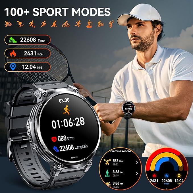 Military Smart Watch for Men 1.85” Big Screen Smart Watch, LED Flashlight/730mAh Battery/100+ Sports Modes Fitness Watch, Heart Rate Sleep Tracker Smartwatch for iOS Android (Black Stainless Steel)