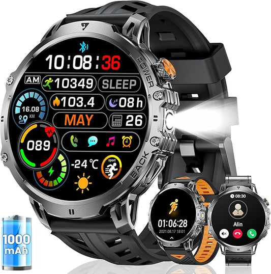 Military Smartwatch for Men(Answer/Make Calls),1000mAh Battery 1.85” HD Display Fitness Tracker with 100+ Sports Modes/Heart Rate Monitor LED Flashlight IP68 Waterproof for Android iOS