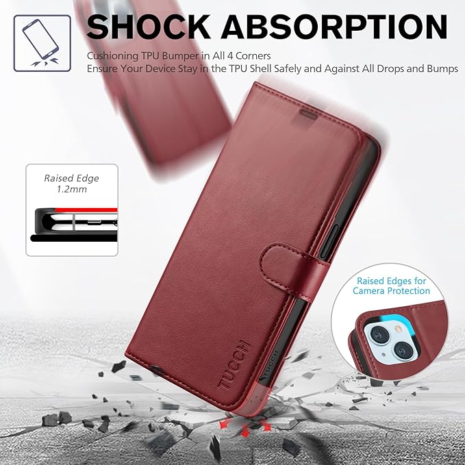 TUCCH Case Wallet for iPhone 15, [RFID Blocking] PU Leather Stand Folio Cover with 4 Card Slots [TPU Protective Interior Shell], Magnetic Flip Case Compatible with iPhone 15 5G 6.1-inch 2023, Dark Red