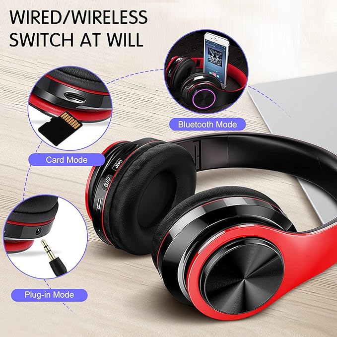 Bluetooth Over Ear Headphones, Colorful LED Lights Deep Bass Headphones with Microphone, Lightweight Wired and Wireless Foldable HiFi Stereo Headphones for Classroom/Home Office/Mobile Phone (Red)