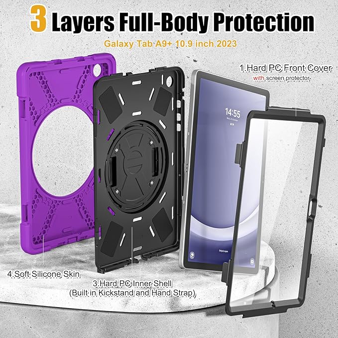 BRAECNstock for Samsung Galaxy Tab A9+ Plus Case 11 inch (SM-X210/X216/X218) Shockproof Protective Kids Case with Screen Protector Pen Holder [360° Rotating Hand Strap+Stand], Purple