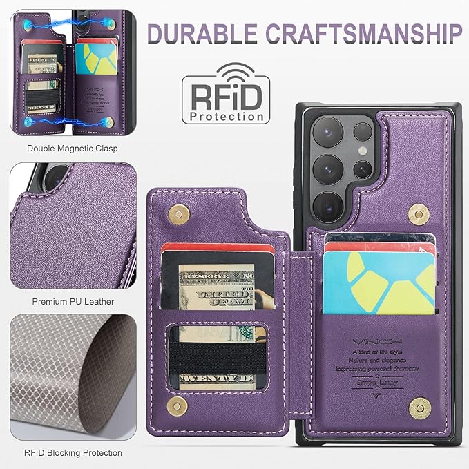 Vinich for Samsung Galaxy S24 Ultra Wallet Case with Card Holder, RFID Blocking Credit Slots Kickstand Shockproof Phone Cover for Women Men, Purple