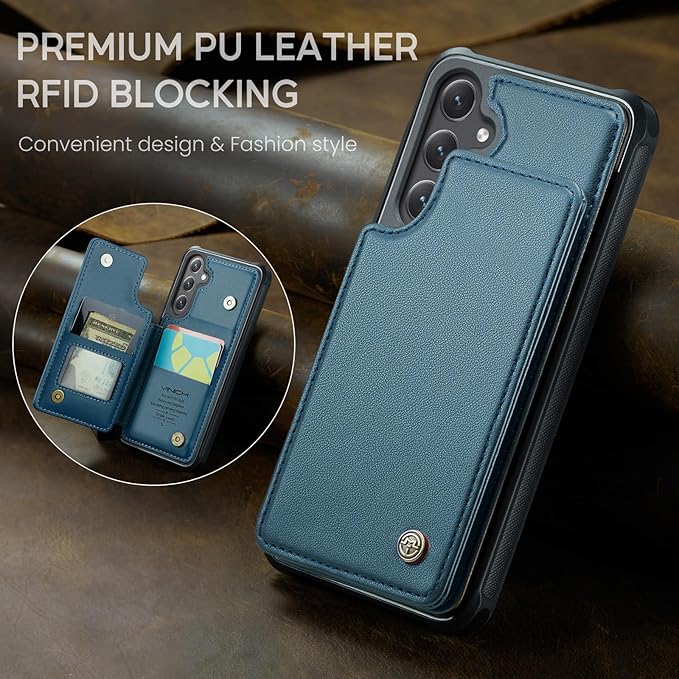 Vinich for Samsung Galaxy S25 Wallet Case with Card Holder, RFID Blocking Credit Slots Kickstand Shockproof Phone Cover for Women Men, Blue