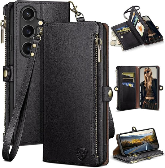 XcaseBar Compatible with Samsung Galaxy S25 Wallet case with Zipper Credit Card Holder【RFID Blocking】,Flip Folio Book PU Leather Phone case Shockproof Cover Women Men for Samsung S25 case Black