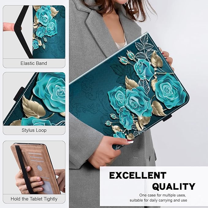 ALILANG Case for Samsung Galaxy Tab A9 Plus 11 Inch Case 2023 with Stylus, Shockproof Folding Stand Cover for Samsung Tab A9+ (SM-X210/X216/X218) Tablet Cases -Blue Rose