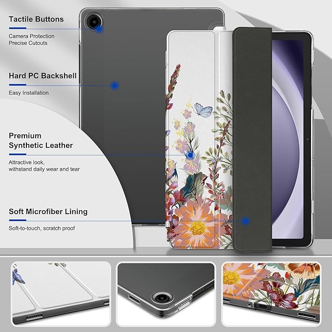 DONGKE Case for Samsung Galaxy Tab A9+/A9 Plus 11 inch 2024 2023 (SM-X210/X216/X218), Slim Stand Hard PC Translucent Back Shell Smart Cover, Auto Wake/Sleep - Floral Illustration