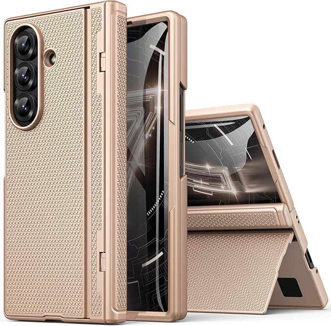 for Samsung Galaxy Z Fold 7 Case with Front Glass Screen Protector, Slim Profile with Kickstand, Rugged Hard Full Body Cover, Daily Drop Protective Phone Case for Samsung Z Fold 7 5g 2025, Rose Gold