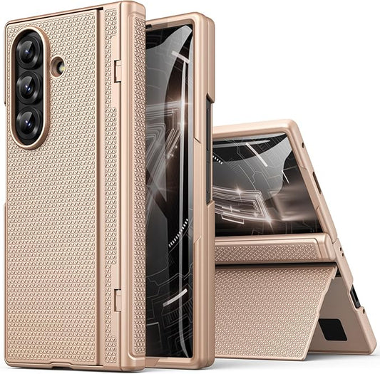 for Samsung Galaxy Z Fold 7 Case with Front Glass Screen Protector, Slim Profile with Kickstand, Rugged Hard Full Body Cover, Daily Drop Protective Phone Case for Samsung Z Fold 7 5g 2025, Rose Gold