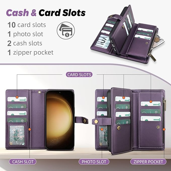 TwoHead for Samsung Galaxy S23 Plus Wallet Case with Card Holder,Detachable Magnetic Phone Case for Galaxy S23 Plus,PU Leather All-Round Protective Phone Cover Wallet with Strap(6.6 in,Deep Purple)