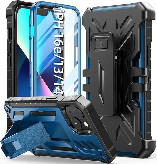 for iPhone 13/14 Protective Case: for iPhone 16e Cover with Belt Clip Holster | Durable Dual-Layer Design with Built-in Kickstand | Heavy Duty Military Grade Hard Protection Shock Proof Blue