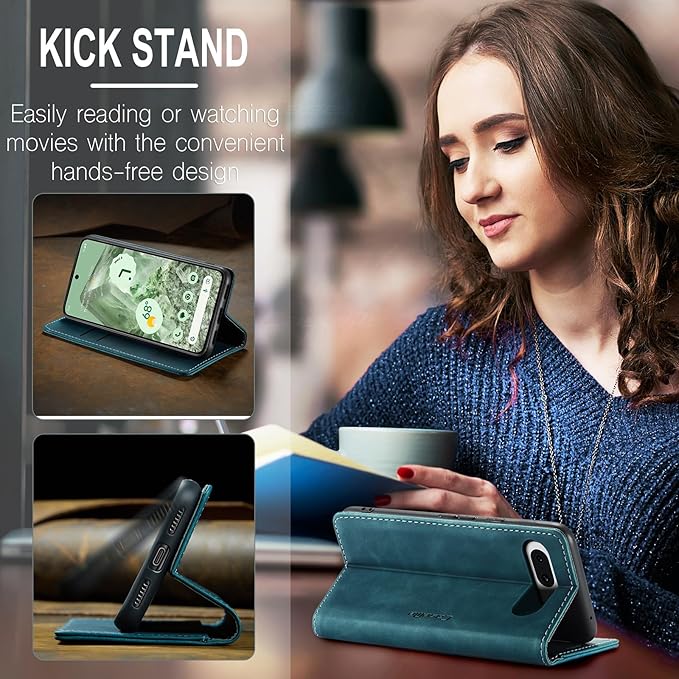 for Google Pixel 8A Case, Flip Wallet Leather Case with Card Holder Magnetic Closure Shockproof Kickstand Protective Phone Cases Cover for Pixel 8A, Blue-Green