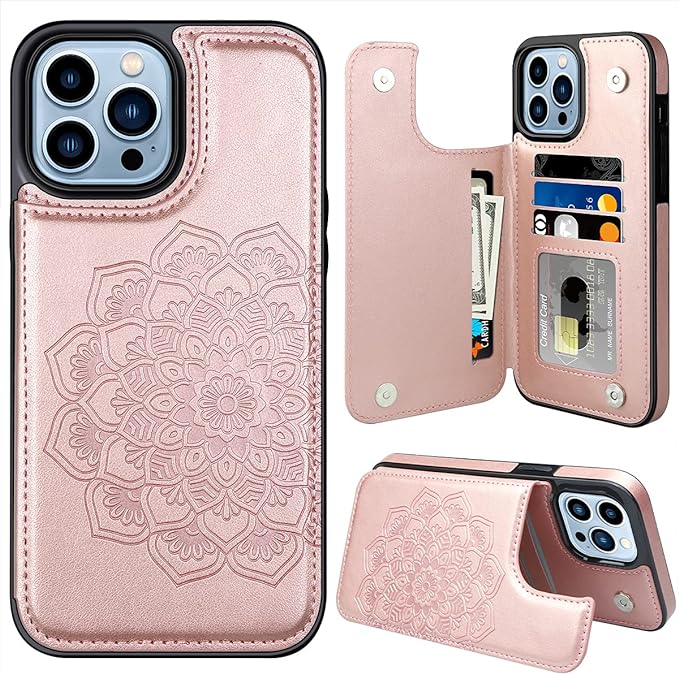 MMHUO for iPhone 14 Pro Max Case with Card Holder,Flower Magnetic Buttons Protective Wallet Case for Women for iPhone 14 Pro Max,Rose Gold