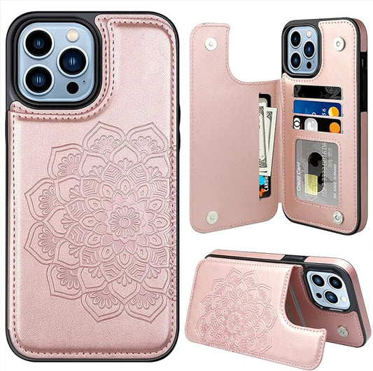 MMHUO for iPhone 14 Pro Max Case with Card Holder,Flower Magnetic Buttons Protective Wallet Case for Women for iPhone 14 Pro Max,Rose Gold