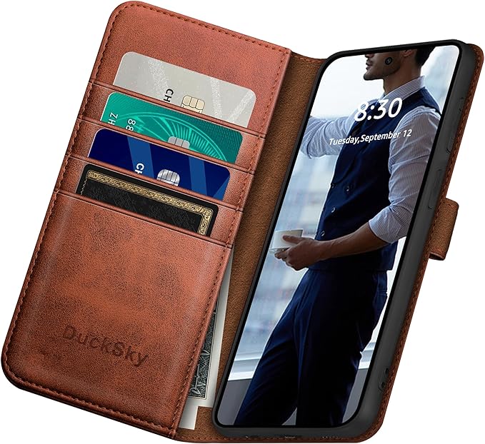 Compatible with Samsung Galaxy S25 Genuine Leather Wallet case【RFID Blocking】【4 Credit Card Holder】【Real Leather】 Flip Folio Book Phone case Cover Women Men for Samsung S25 case Light Brown