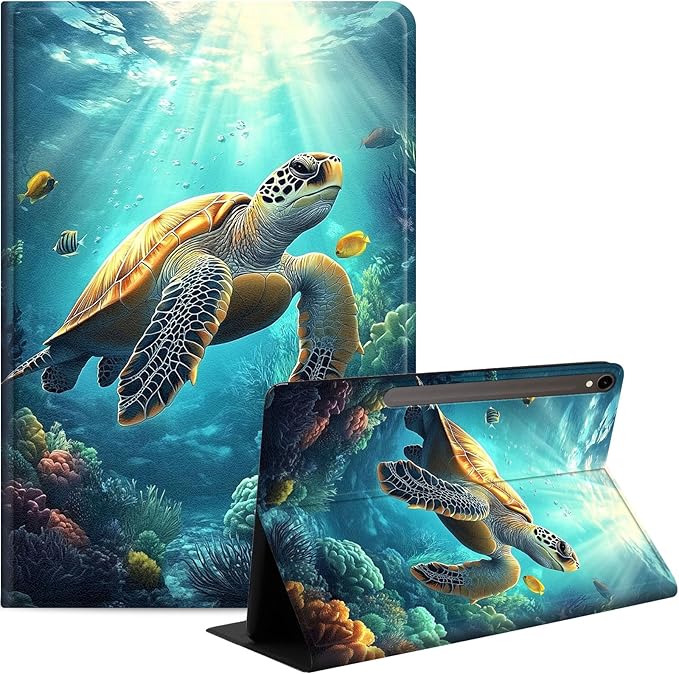 Case for Samsung Galaxy Tab S10 FE/ S9 FE 5G 10.9 Inch/Tab S9 11 Inch, Slim PU Leather Stand Cover with Auto Wake/Sleep, Multi-Angle Viewing & Shockproof, Sea Turtle
