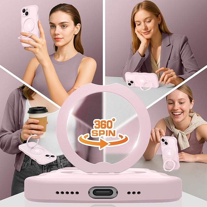 GolbinBox for iPhone 15 Case for Women,[Compatible with Magsafe][360° Spin Magnetic Stand][Cute Wave Edge][Military-Grade Protection] Translucent Matte Phone Case for iPhone 15, Chalk Pink