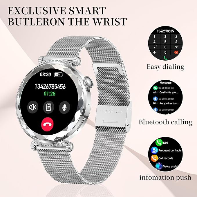 Smart Watch for Women, Fitness Tracker for Android/iOS, 1.19" AMOLED Screen Smartwatches with Female Cycle, Heart Rate, Sleep Monitor, Activity Tracking (2 Watch Bands) (Silver)