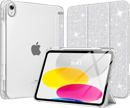MoKo for iPad (A16) 11th Generation Case 11 Inch 2025, iPad 10th Gen Case 10.9 Inch 2022 with Pencil Holder, Slim Light Trifold Protective Cover with Hard PC Transparent Back Shell, Sparkling Silver