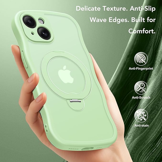 GolbinBox for iPhone 15 Plus Case for Women,[Compatible with Magsafe][360° Spin Magnetic Stand][Cute Wave Edge][Military-Grade Protection] Translucent Matte Phone Case for iPhone 15 Plus, Mint Green