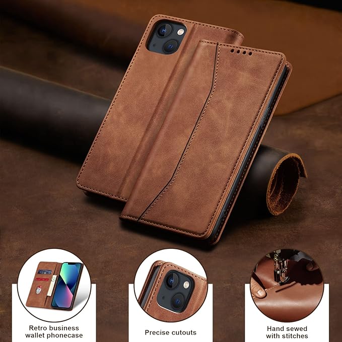 Jasonyu Flip Wallet Case for iPhone 13,Leather Magnetic Folio Cover with Card Holder,Kickstand - TPU Shockproof Durable Protective Phone Case,Brown