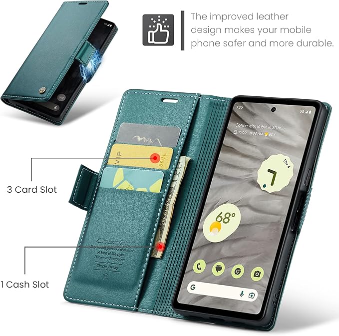 for Google Pixel 7A Case, Premium PU Leather Wallet Case Flip Cover with [RFID Blocking][Card Holder][Stand Function] Shockproof Protective for Google 7A, Blue-Green