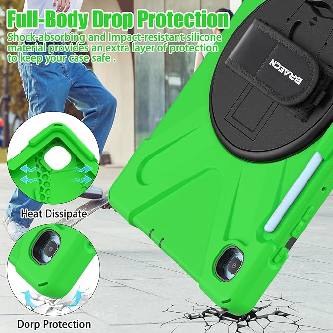 BRAECNstock Case for Samsung Galaxy Tab S6 Lite 10.4 inch 2024/2022/2020 (SM-P620/P610/P619) Shockproof Protective Samsung Galaxy S6 Lite Case with Pen Holder Rotating Stand & Hand Strap Kids - Green