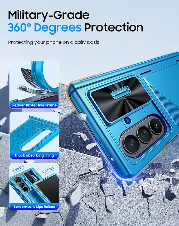 for Samsung Galaxy Z Fold 7 Case with Card Holder RFID Blocking [Privacy Screen Protector ] [Slide Lens Cover] [Hinge Protection] Shockproof Protective Phone Wallet Case for Z Fold 7 (Lake Blue)