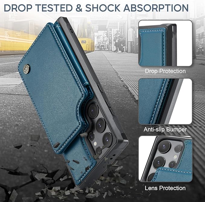 Vinich for Samsung Galaxy S25 Ultra Wallet Case with Card Holder, RFID Blocking Credit Slots Kickstand Shockproof Phone Cover for Women Men, Blue