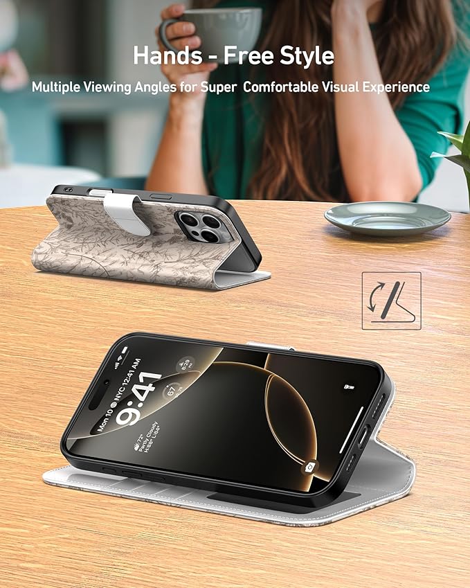 DEENAKIN for iPhone 16 Pro Max Wallet Case with Card Holder + Cash Clip, RFID-Blocking, Military-Grade Drop Protection, Magnetic Closure with Leather Kickstand - Serene Foliage