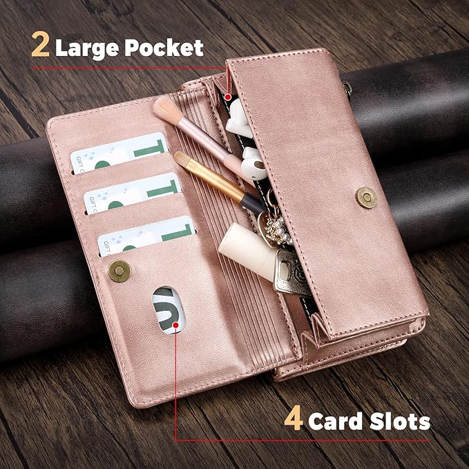 for iPhone 15 Wallet Phone Case with 7 Card Holder,RFID Blocking | PU Leather | Kickstand | Flip | Wrist Strap&Shoulder Strap | Shockproof | Zipper Wallet | Women Men | 6.1" | Rose Gold